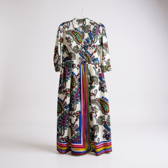Sara Roka Poplin Maxi Shirt Dress Jewel Paisley Print Cotton Colorful 8 NWT - Picture 1 of 13